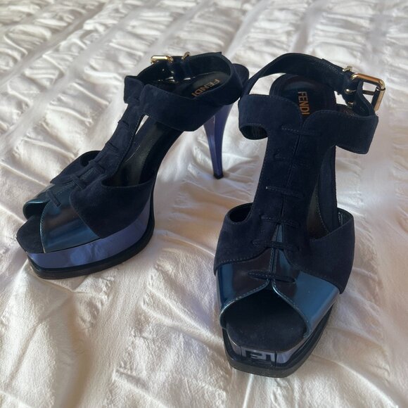 Like New: FENDI Deep Blue Suede and Patent Leather Pumps, Size: 38 1/2 - Picture 1 of 9